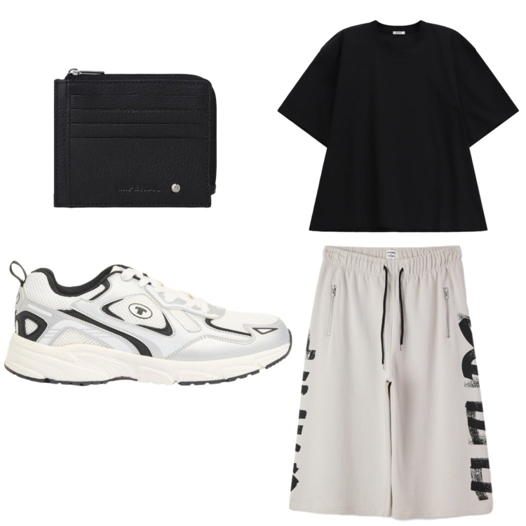 Outfit uomo - Relax. Stile Trendy per Tutti i giorni. Abbinamento con sneakers, bermuda, t-shirt, portafogli.