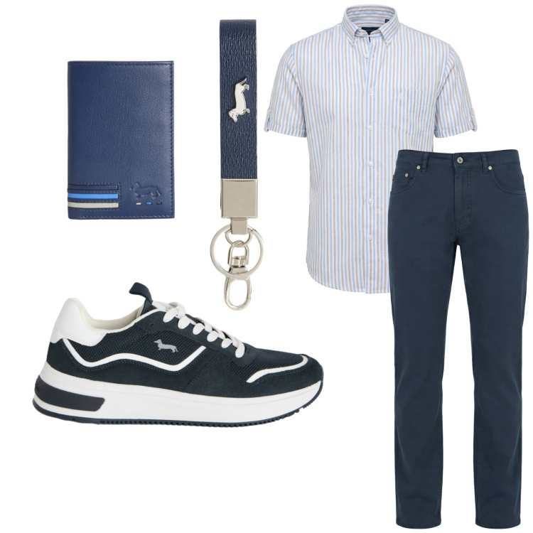Outfit uomo - Accessori navy. Stile Trendy per Tutti i giorni. Abbinamento con portafogli, sneakers, portachiavi, pantaloni, camicie a manica corta.