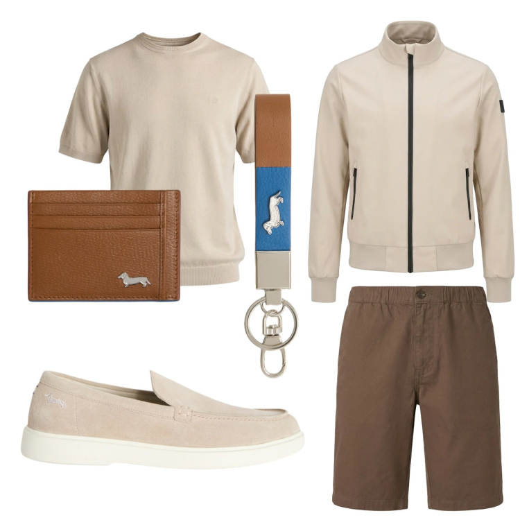 Outfit uomo - Tonalità neutre. Stile Trendy per Tutti i giorni. Abbinamento con portachiavi, scarpe stringate, portafogli, t-shirt, bermuda, bomber.