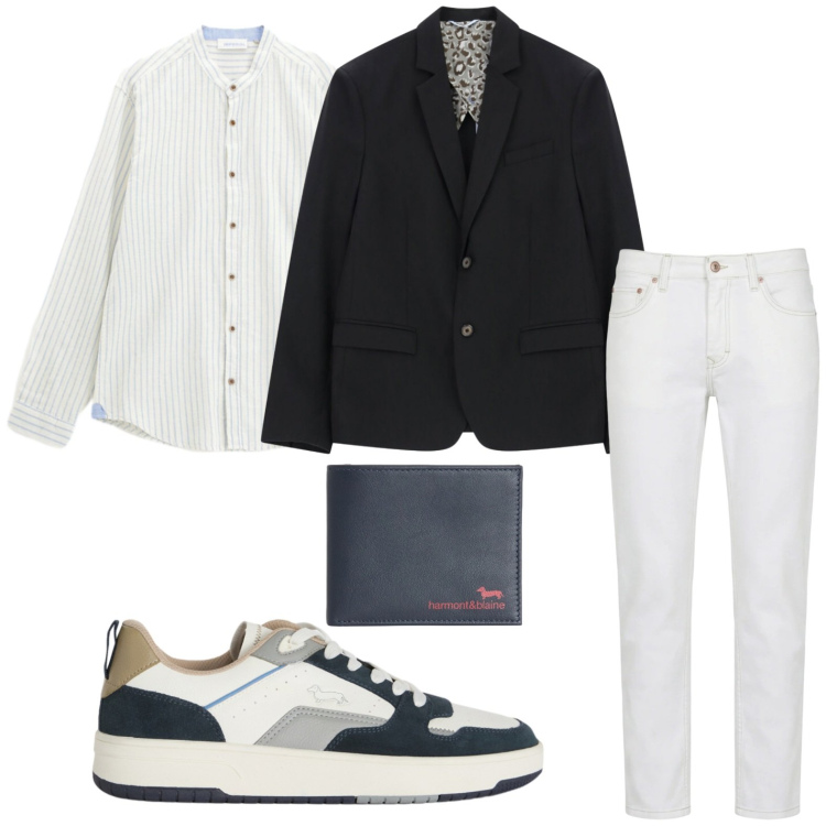 Outfit uomo - Blazer blu notte. Stile Trendy per Ufficio. Abbinamento con giacche, camicie, jeans, portafogli, sneakers.