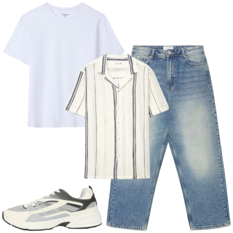 Outfit uomo - Total look #2409939. Stile Casual per Tutti i giorni. Abbinamento con sneakers, jeans dritti, t-shirt, camicie a manica corta.