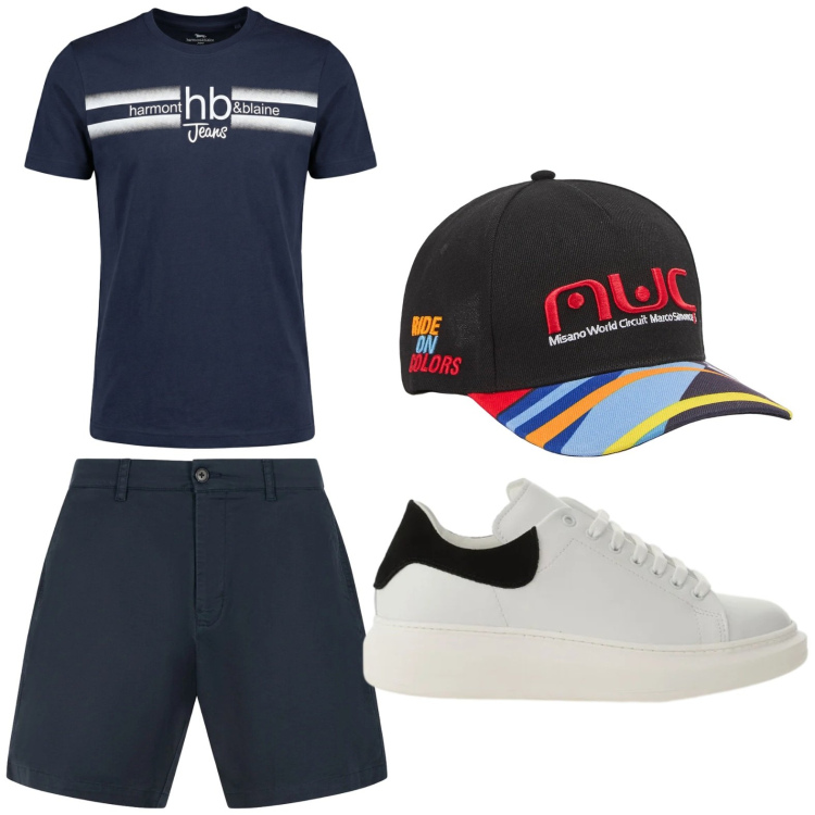Outfit uomo - Easy. Stile Trendy per Tutti i giorni. Abbinamento con cappelli con visiera, sneakers, t-shirt, bermuda.