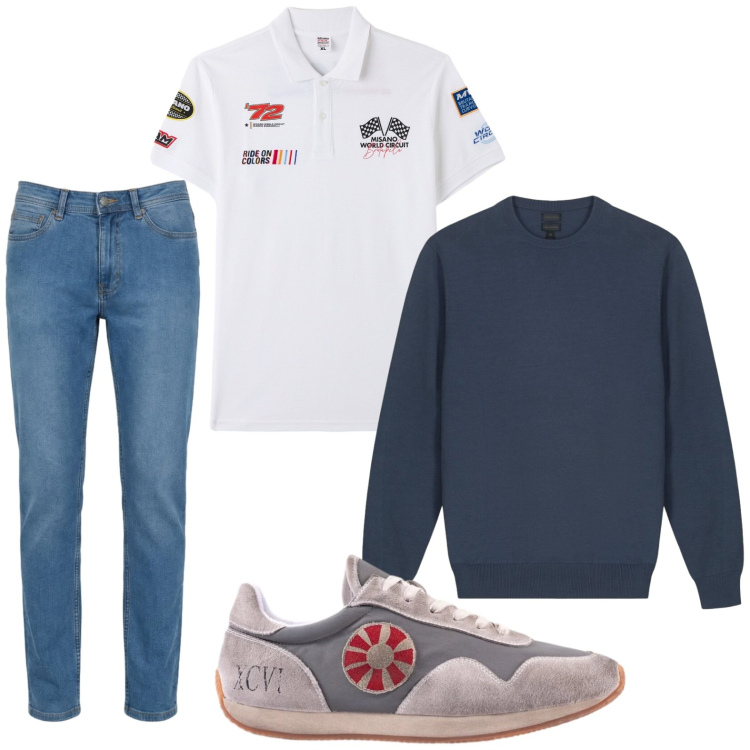 Outfit uomo - Urban. Stile Urban per Tutti i giorni. Abbinamento con polo, jeans, sneakers, maglieria.