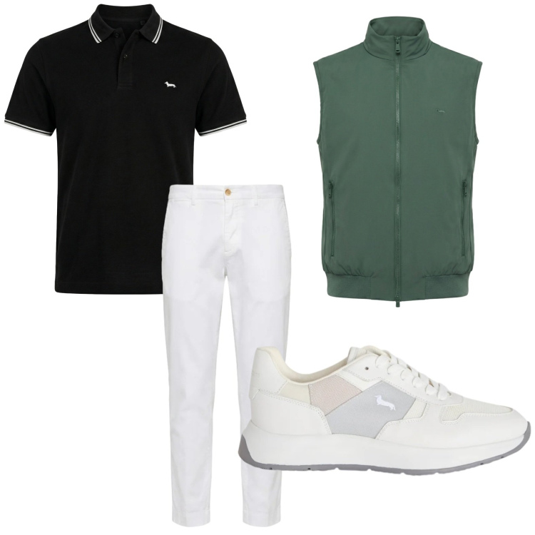 Outfit uomo - Trendy. Stile Trendy per Tutti i giorni. Abbinamento con sneakers, polo, pantaloni chino, gilet.