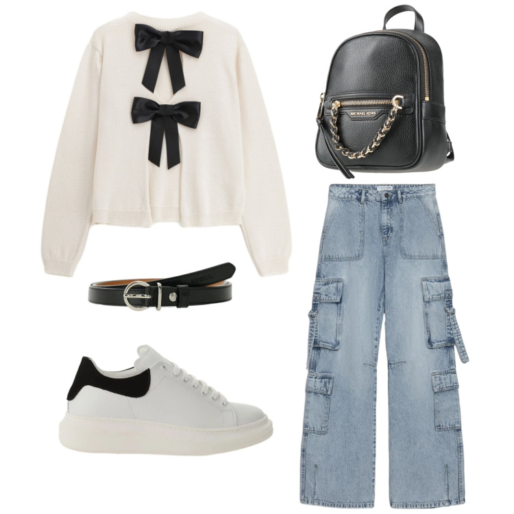 Outfit donna - Passeggiata in paese. Stile Casual chic per Tutti i giorni. Abbinamento con zaini, jeans, sneakers, cinture, maglieria.