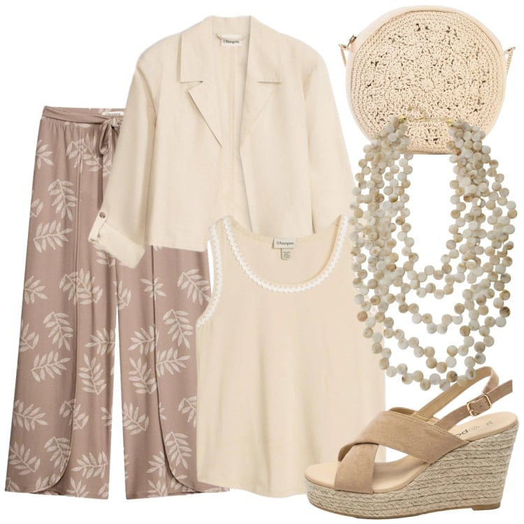 Outfit donna - Passeggiata estiva. Stile Casual chic per Tutti i giorni. Abbinamento con pantaloni a palazzo, sandali col tacco, borse a tracolla, blazer, canottiere, collane.
