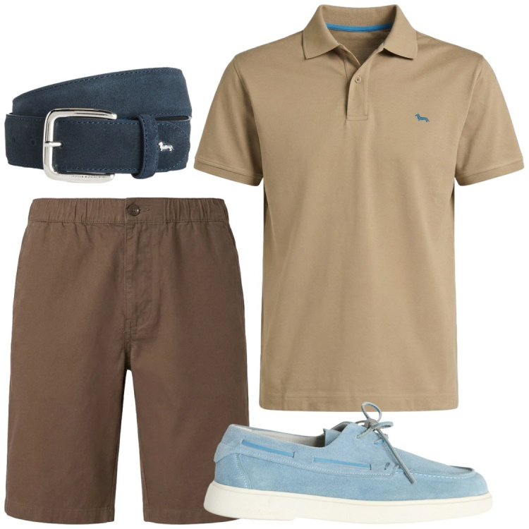 Outfit uomo - Dolci contrasti. Stile Trendy per Serata speciale. Abbinamento con cinture, scarpe stringate, polo, bermuda.