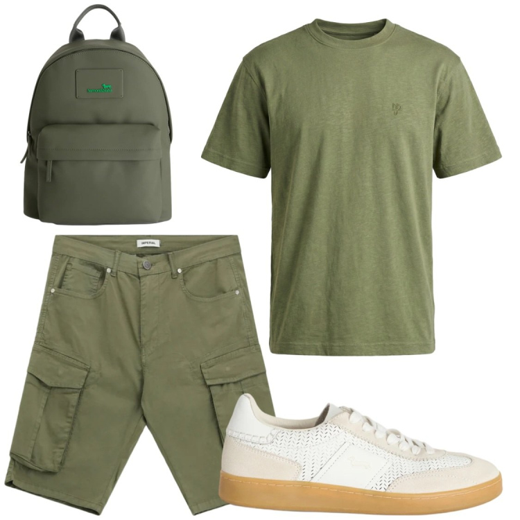 Outfit uomo - Tempo libero. Stile Casual per Tutti i giorni. Abbinamento con bermuda, sneakers, borse sportive, t-shirt.