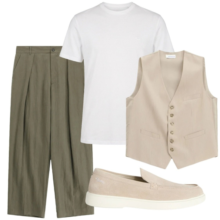 Outfit uomo - Protagonista serata free. Stile Trendy per Serata speciale. Abbinamento con gilet, pantaloni, scarpe stringate, t-shirt.