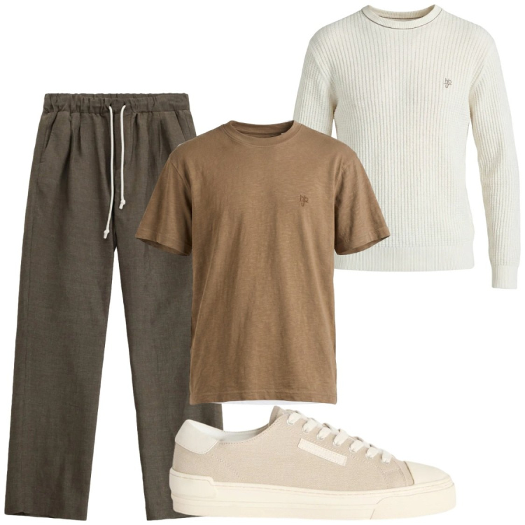 Outfit uomo - Con la maglia sulle spalle. Stile Trendy per Serata speciale. Abbinamento con pantaloni, sneakers, t-shirt, t-shirt, maglieria.