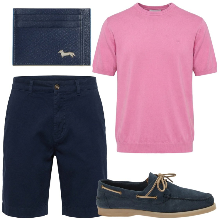 Outfit uomo - Tschirt in maglina. Stile Trendy per Serata speciale. Abbinamento con portafogli, scarpe stringate, t-shirt, bermuda.