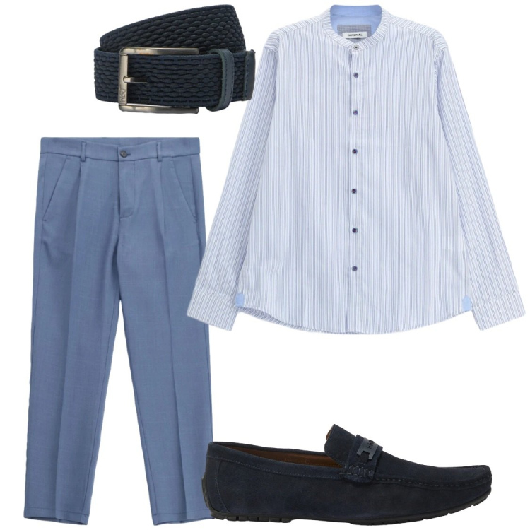 Outfit uomo - Raffinatezza celestiale. Stile Business/Elegante per Serata speciale. Abbinamento con pantaloni, camicie, scarpe stringate, cinture.