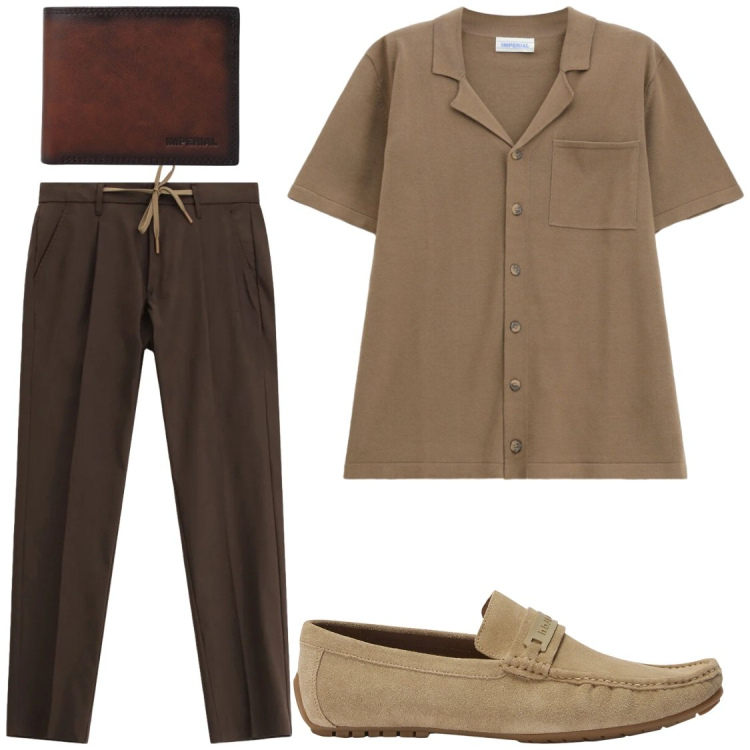 Outfit uomo - Elegantemente casual. Stile Trendy per Serata speciale. Abbinamento con camicie a manica corta, pantaloni, portafogli, scarpe stringate.