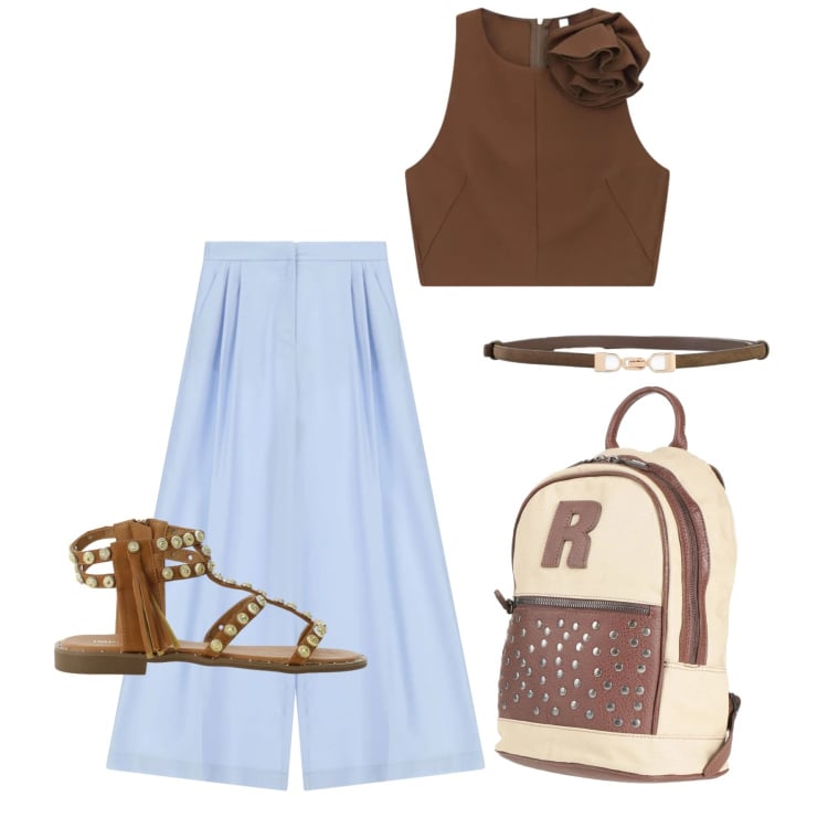 Outfit donna - Giugno. Stile Casual chic per Tutti i giorni. Abbinamento con zaini, cinture, pantaloni a palazzo, top, sandali.
