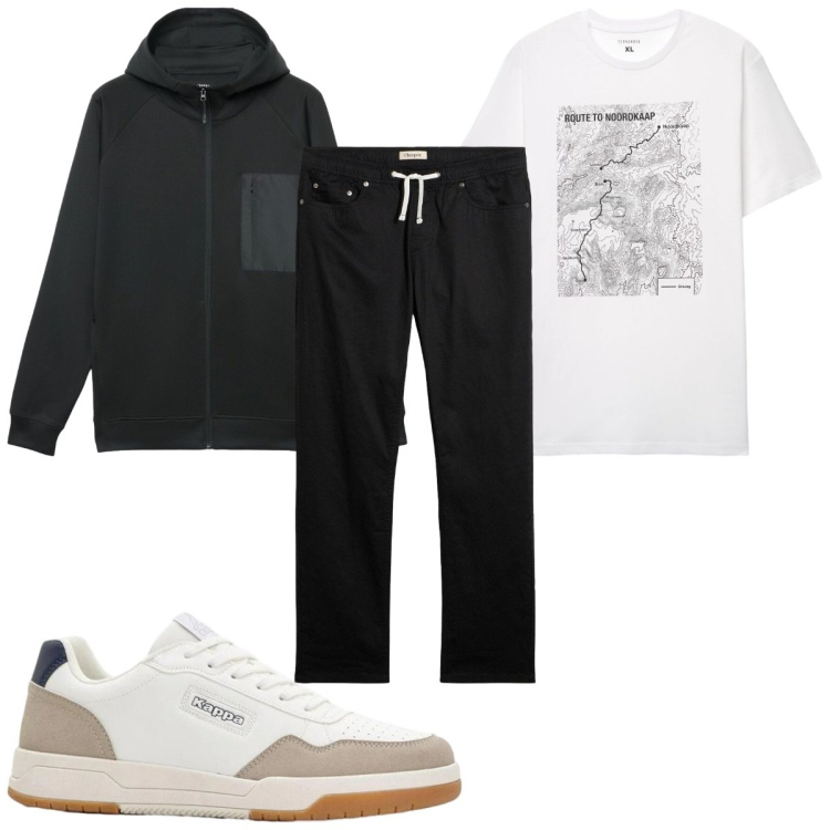 Outfit uomo - Sneakers minimal : black & white. Stile Trendy per Tutti i giorni. Abbinamento con sneakers, pantaloni, felpe con cappuccio, t-shirt.