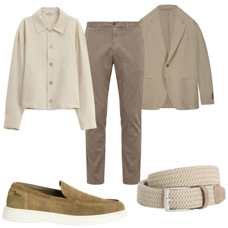 Outfit uomo - Stile rilassato, colori neutri. Stile Casual per Ufficio. Abbinamento con camicie, cinture, scarpe stringate, pantaloni chino, giacche.
