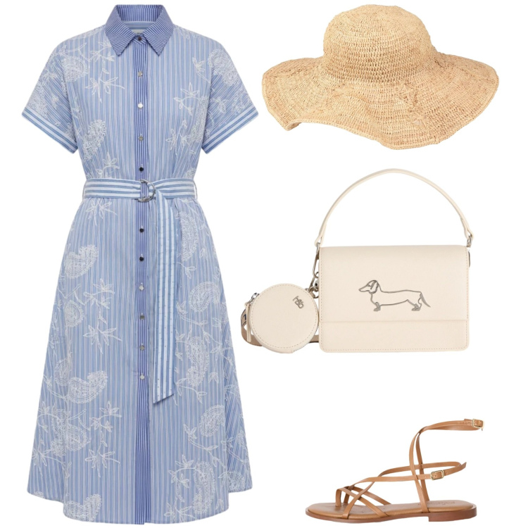 Outfit donna - A passeggio per Roma. Stile Casual per Tutti i giorni. Abbinamento con cappelli, vestiti chemisier, sandali in pelle, borse a tracolla.