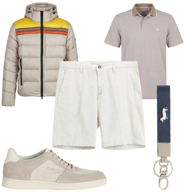Outfit uomo - Stile rilassato di maggio. Stile Casual per Tutti i giorni. Abbinamento con bermuda, portachiavi, sneakers, polo, piumini.