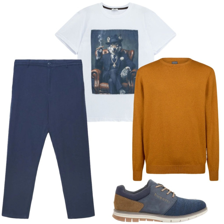 Outfit uomo - 131. Furbo come una volpe. Stile Urban per Tutti i giorni. Abbinamento con scarpe stringate, pantaloni, t-shirt, maglieria.