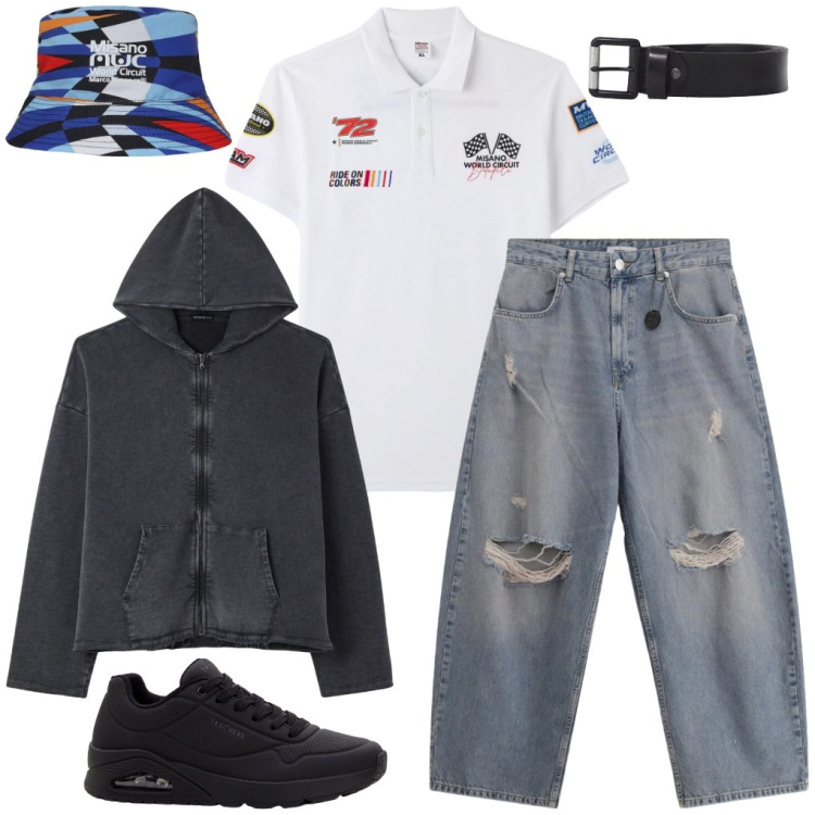 Outfit uomo - 132. Da Misano è tutto!. Stile Trendy per Tutti i giorni. Abbinamento con sneakers, polo, cappelli, felpe con cappuccio, jeans strappati, cinture.