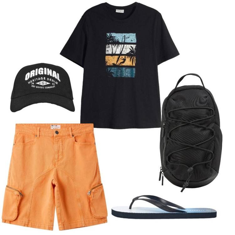 Outfit uomo - 134. Come al mare.. Stile Urban per Tutti i giorni. Abbinamento con t-shirt, pantaloni corti, sandali, cappelli con visiera, borse sportive.