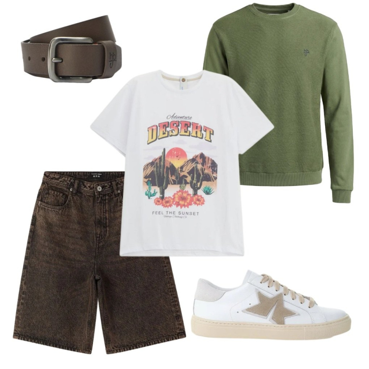 Outfit uomo - 135. Maglioncino per la sera.. Stile Trendy per Tutti i giorni. Abbinamento con bermuda, t-shirt, sneakers, felpe, cinture.