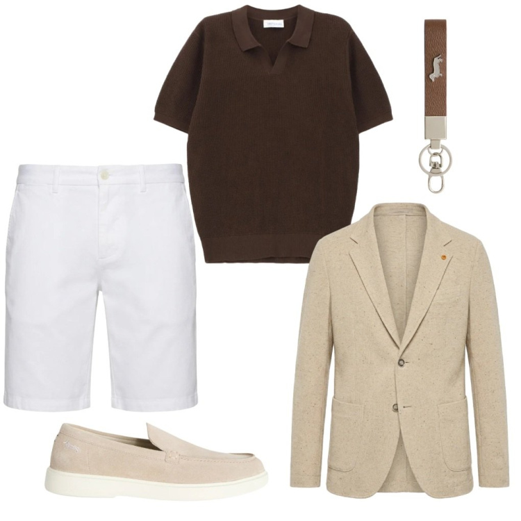 Outfit uomo - 140. Aperitivo in piazza.. Stile Casual per Serata speciale. Abbinamento con t-shirt, portachiavi, scarpe stringate, bermuda, giacche.