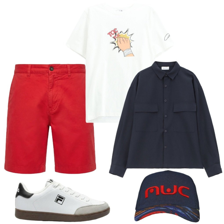 Outfit uomo - 139. Toc ..toc... avanti!. Stile Trendy per Tutti i giorni. Abbinamento con sneakers, cappelli con visiera, camicie, t-shirt, pantaloni corti.