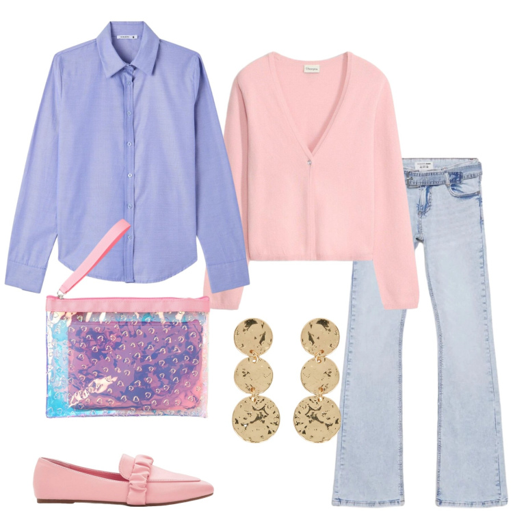 Outfit donna - Sfumature di malva e glicine. Stile Casual chic per Ufficio. Abbinamento con mocassini, cardigans, jeans a zampa, pochette, camicie, orecchini.