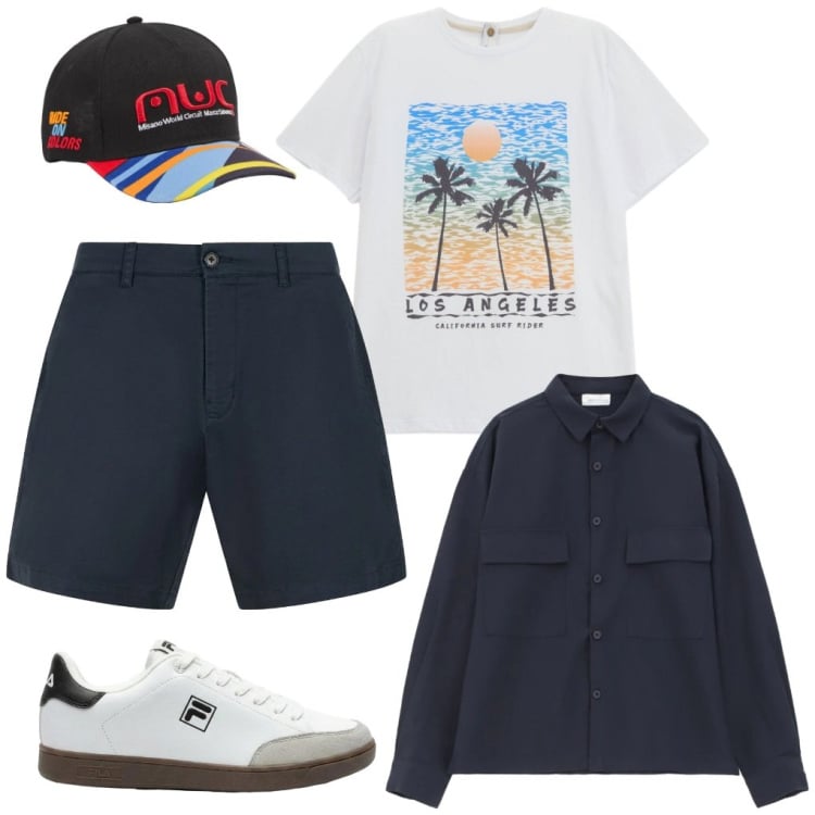 Outfit uomo - 143. Riders. Stile Urban per Tutti i giorni. Abbinamento con sneakers, cappelli con visiera, camicie, t-shirt, bermuda.