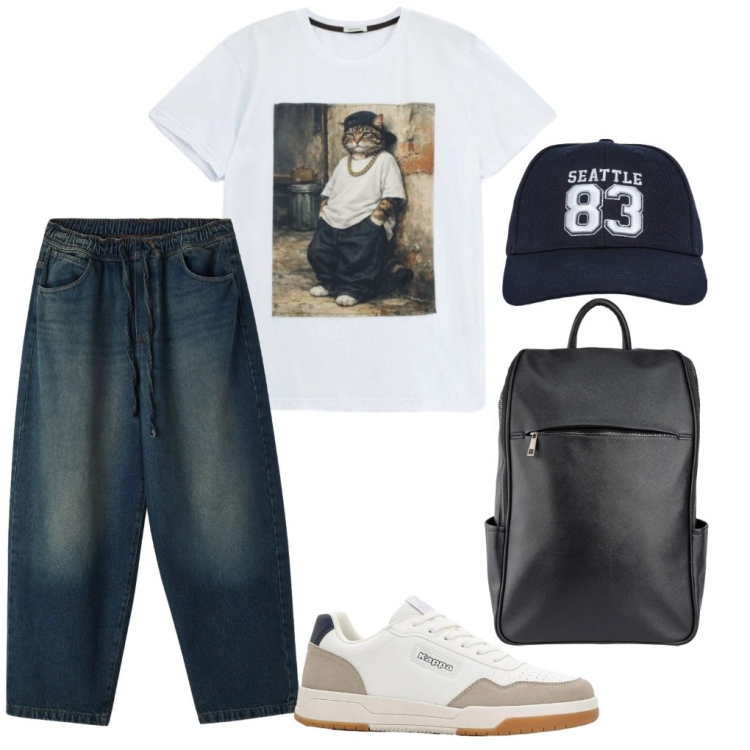 Outfit uomo - 145. Come un gatto.. Stile Urban per Tutti i giorni. Abbinamento con sneakers, cappelli, jeans, t-shirt, borse sportive.