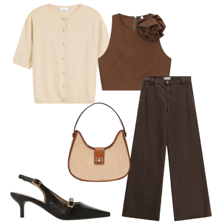 Outfit donna - Total look #2410045. Stile Chic per Ufficio. Abbinamento con cardigans, borse a spalla, top, sandali col tacco, pantaloni a palazzo.