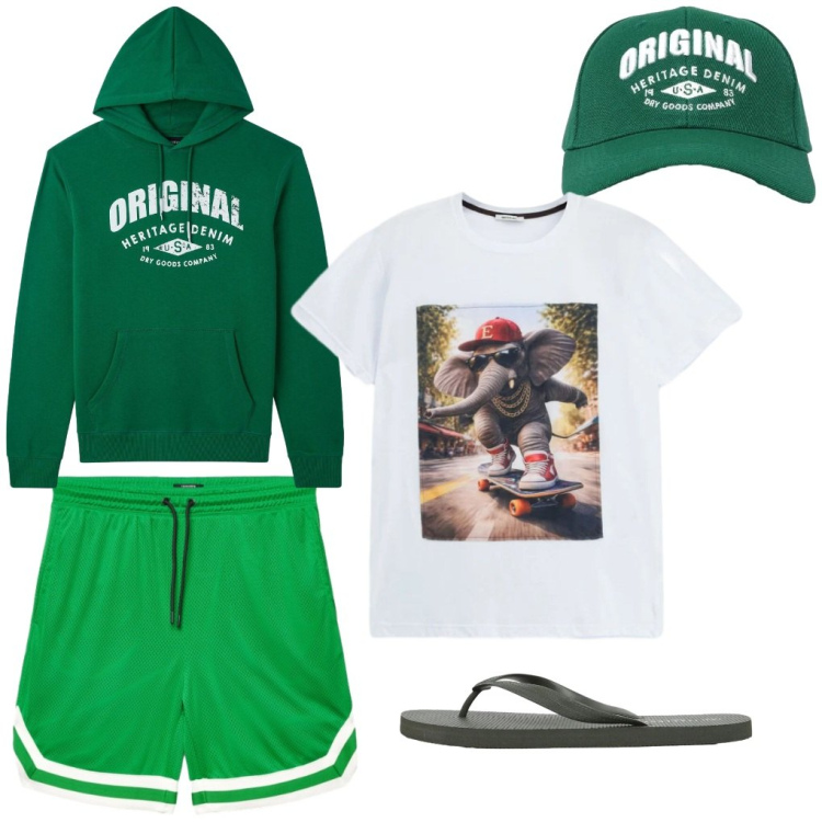 Outfit uomo - 146. Original skeater.. Stile Trendy per Tutti i giorni. Abbinamento con bermuda, cappelli con visiera, felpe con cappuccio, sandali, t-shirt.