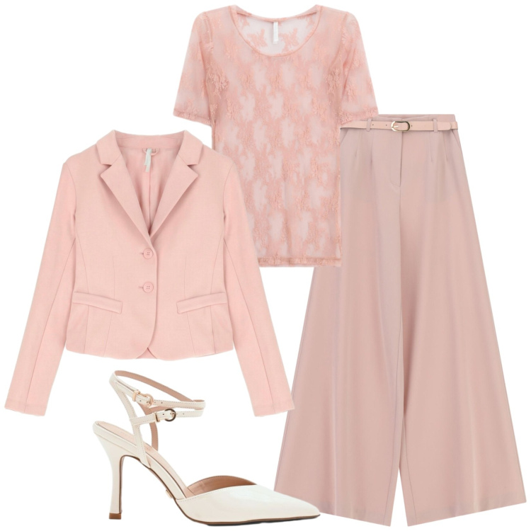 Outfit donna - Total look #2410050. Stile Chic per Cerimonia. Abbinamento con t-shirt, pantaloni a palazzo, blazer, décolleté.