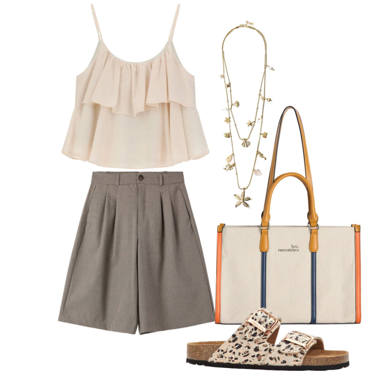Outfit donna - Giugno. Stile Casual chic per Tutti i giorni. Abbinamento con ciabatte, bermuda, collane, borse tote, top.