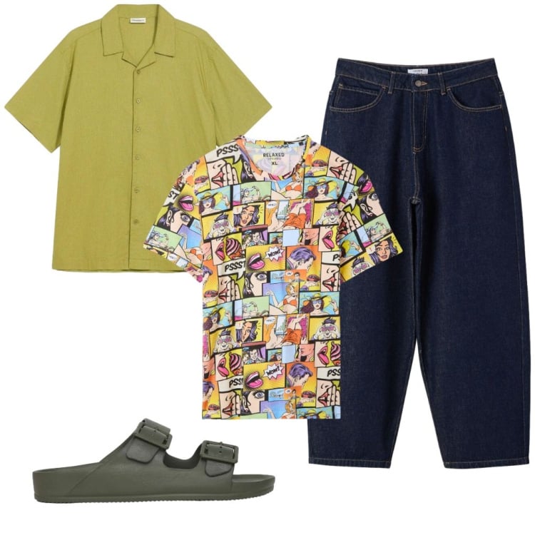 Outfit uomo - 144. Comics. Stile Urban per Tutti i giorni. Abbinamento con camicie a manica corta, t-shirt, jeans, sandali.