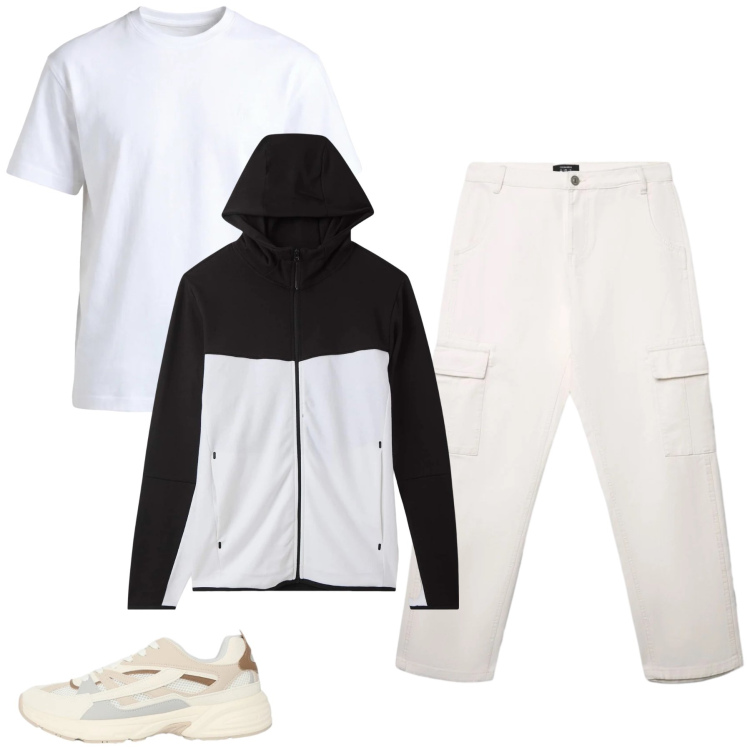 Outfit uomo - Total look #2410059. Stile Urban per Tutti i giorni. Abbinamento con felpe sportive, pantaloni cargo, sneakers, t-shirt.