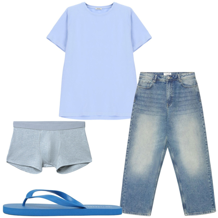 Outfit uomo - Total look #2410060. Stile Casual per Tutti i giorni. Abbinamento con jeans dritti, boxer, sandali, t-shirt.