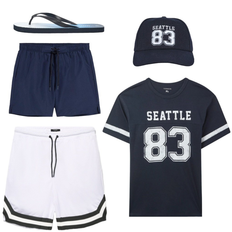 Outfit uomo - 147. 83 Seattle. Stile Urban per Mare. Abbinamento con costumi, cappelli, t-shirt, sandali, bermuda, pantaloncini sportivi.