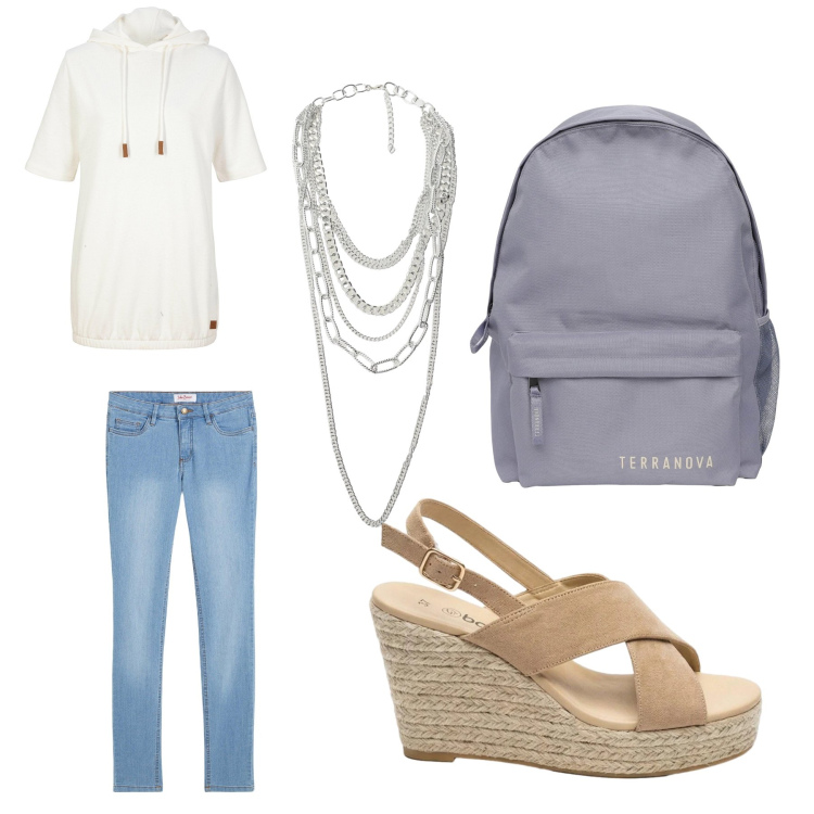 Outfit donna - Il fascino delle cose semplici. Stile Casual chic per Tutti i giorni. Abbinamento con collane, zaini, jeans skinny, felpe con cappuccio, sandali col tacco.