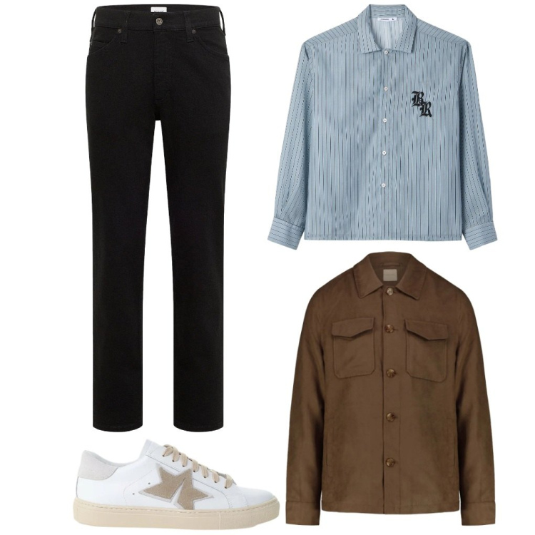 Outfit uomo - 151. Ufficio casual. Stile Casual per Ufficio. Abbinamento con jeans dritti, camicie, sneakers, cappotti.