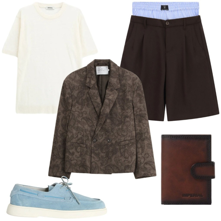 Outfit uomo - 152. Giacca stampa Pasley. Stile Trendy per Tutti i giorni. Abbinamento con giacche, portafogli, t-shirt, bermuda, scarpe stringate.