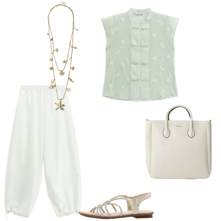 Outfit donna - Fashion office. per Ufficio. Abbinamento con sandali, pantaloni, borse a tracolla, collane, camicie a manica corta.