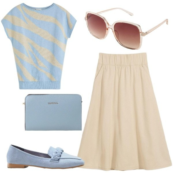 Outfit donna - Giornata al lago. Stile Chic per Tutti i giorni. Abbinamento con gonne, t-shirt, occhiali da sole, mocassini, borse a tracolla.