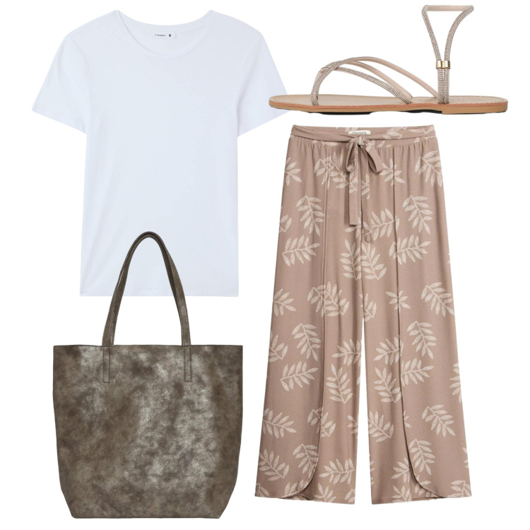 Outfit donna - Total look. Stile Casual per Tutti i giorni. Abbinamento con pantaloni a palazzo, t-shirt, shopping bag, sandali.