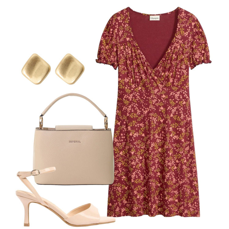 Outfit donna - Total look. Stile Bon Ton per Tutti i giorni. Abbinamento con vestiti, sandali col tacco, borse a secchiello, orecchini.