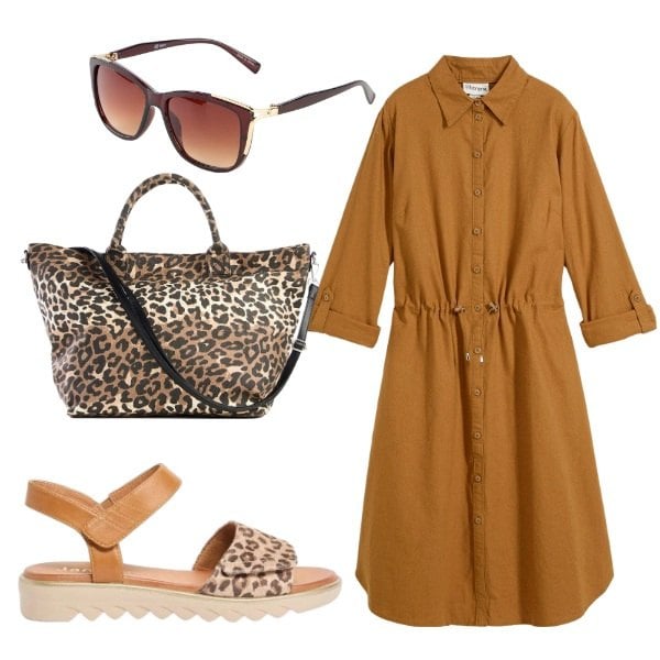 Outfit donna - Jungle. Stile Glamour per Tutti i giorni. Abbinamento con vestiti chemisier, shopping bag, occhiali da sole, sandali.