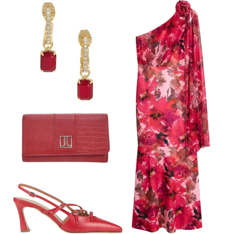 Outfit donna - Total look #2410097. Stile Chic per Cerimonia. Abbinamento con décolleté, vestiti asimmetrici, orecchini, portafogli.