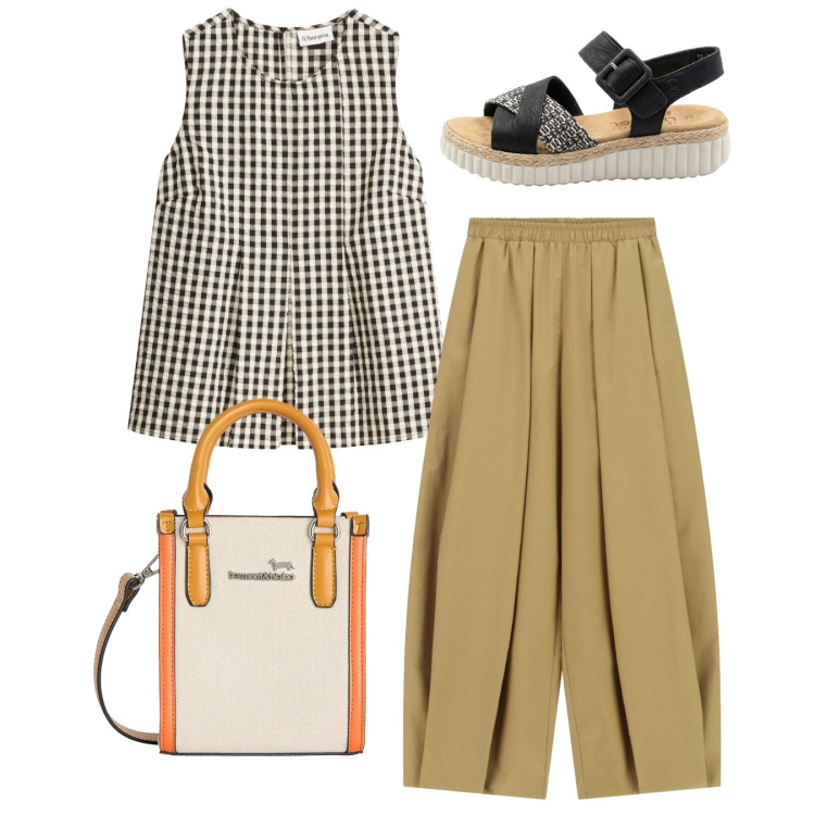 Outfit donna - Total look. Stile Casual per Tutti i giorni. Abbinamento con canottiere, sandali, pantaloni a palazzo, borse tote.