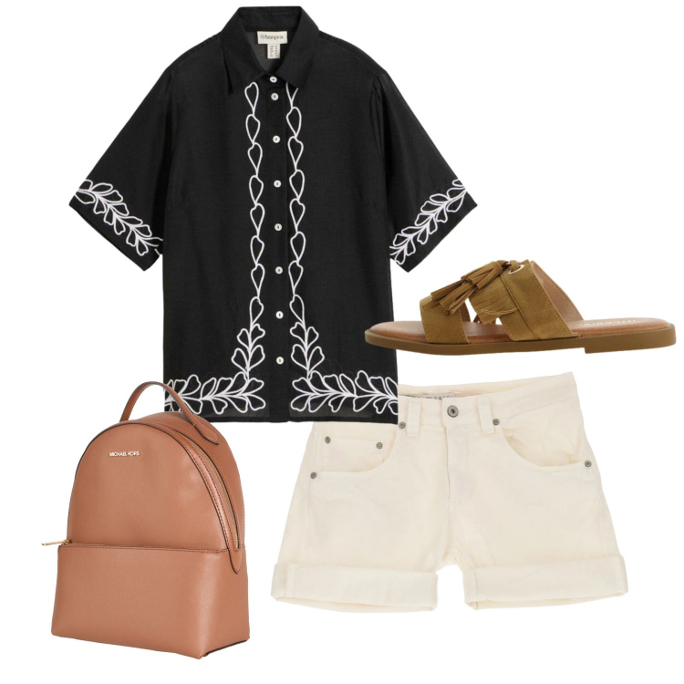Outfit donna - Total look. Stile Casual chic per Tutti i giorni. Abbinamento con zaini, bluse, sandali, shorts.